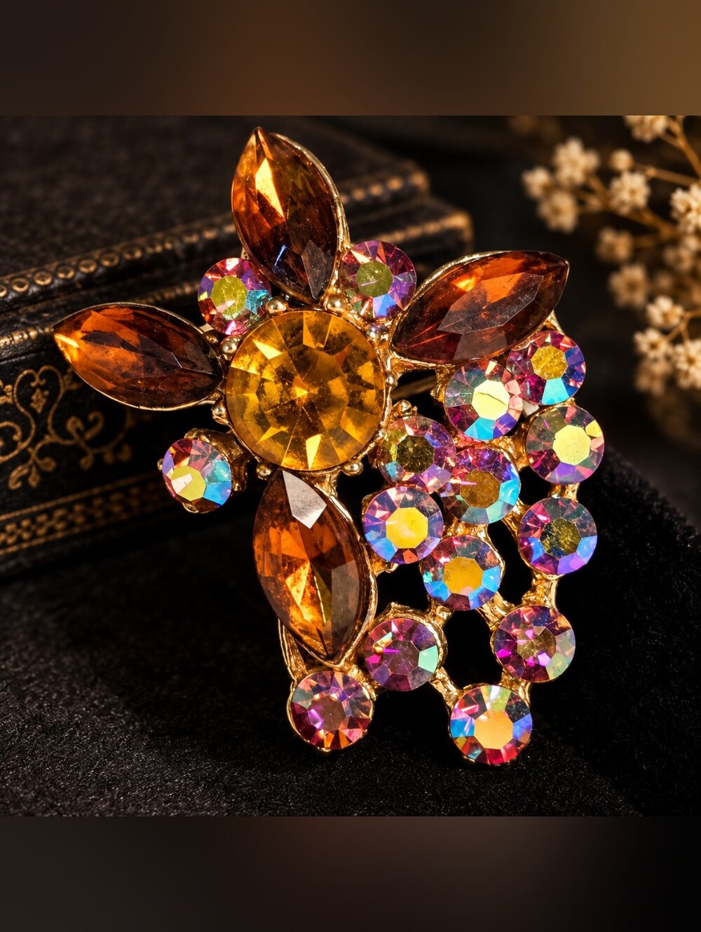Vintage 1960s Amber & Aurora Borealis Rhinestone Floral Brooch Pin – Mid-Century